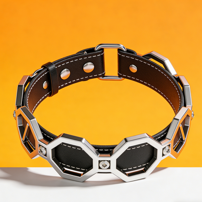 Hexagon Metal Frame Dog Collar | Tactical Style Leather Collar for Medium Large Dogs