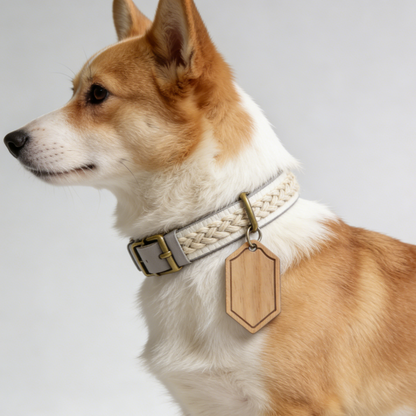 The "Linen Shield" | Hand-Braided Leather Collar with Customizable Wooden Tag