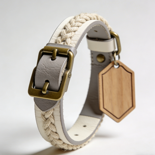 The "Linen Shield" | Hand-Braided Leather Collar with Customizable Wooden Tag