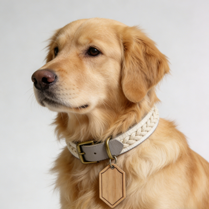The "Linen Shield" | Hand-Braided Leather Collar with Customizable Wooden Tag