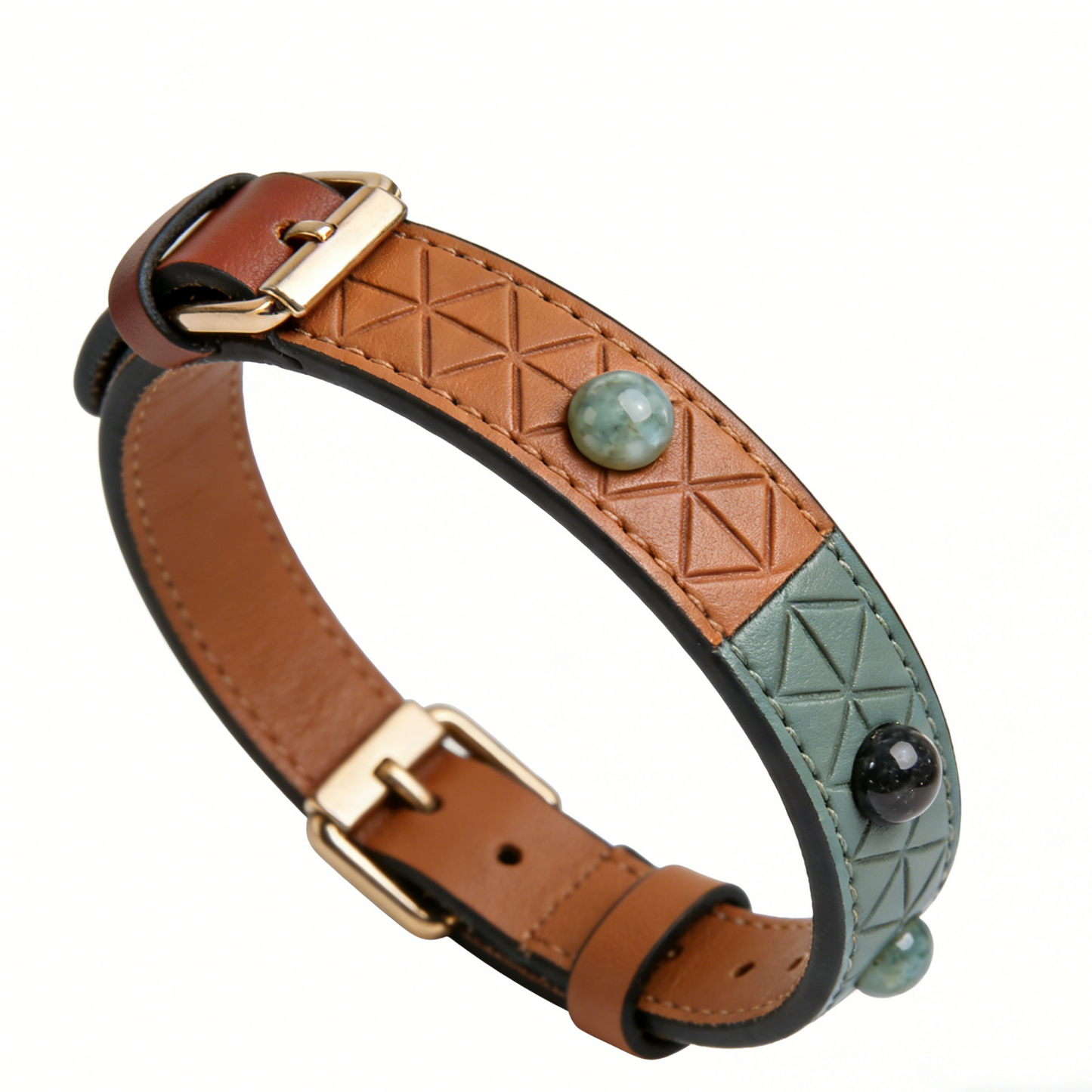 The "Jade Geo" | Luxury Two-Tone Leather Collar with Semi-Precious Stone Accents