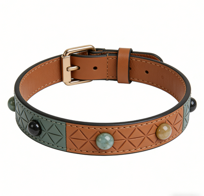 The "Jade Geo" | Luxury Two-Tone Leather Collar with Semi-Precious Stone Accents